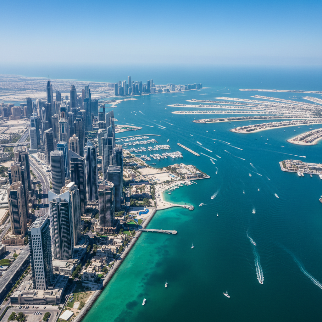Aerial view of Dubai Marina and Palm Jumeirah during the day, sunny, clear blue water, high end real estate, photography