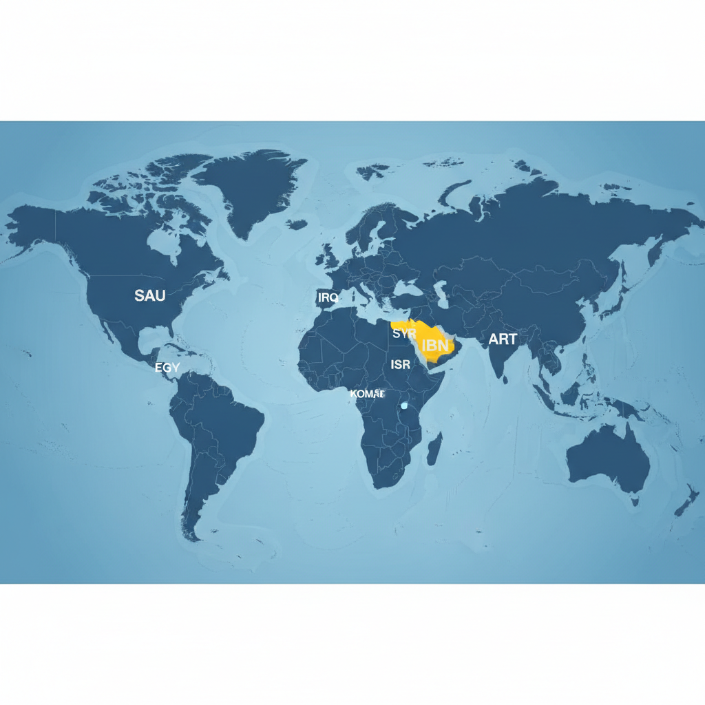 World map highlighting Middle East region with ISO codes overlay
