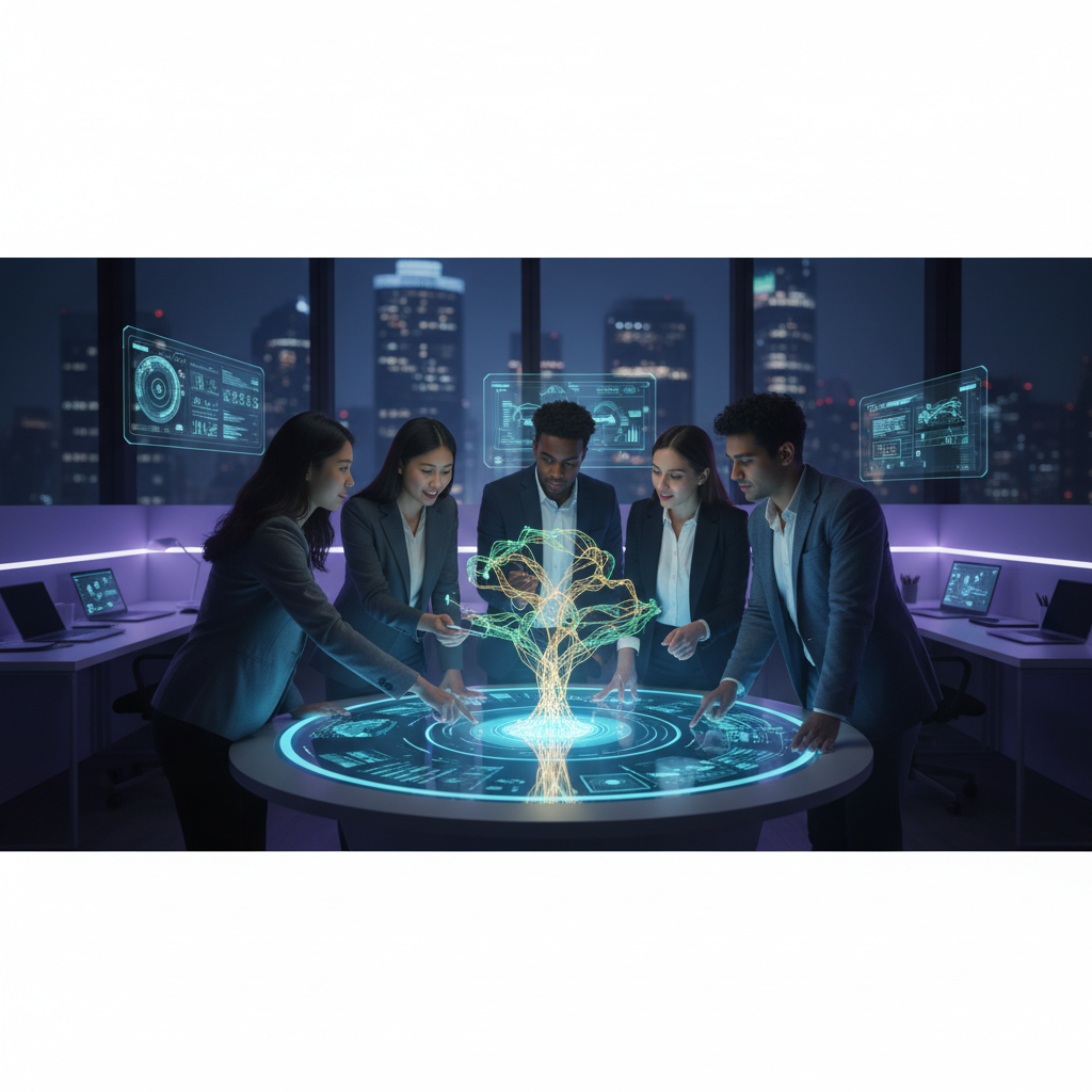Diverse group of young engineers collaborating around a holographic interface showing a glowing plant structure, modern office dark mode, cinematic, inspiring