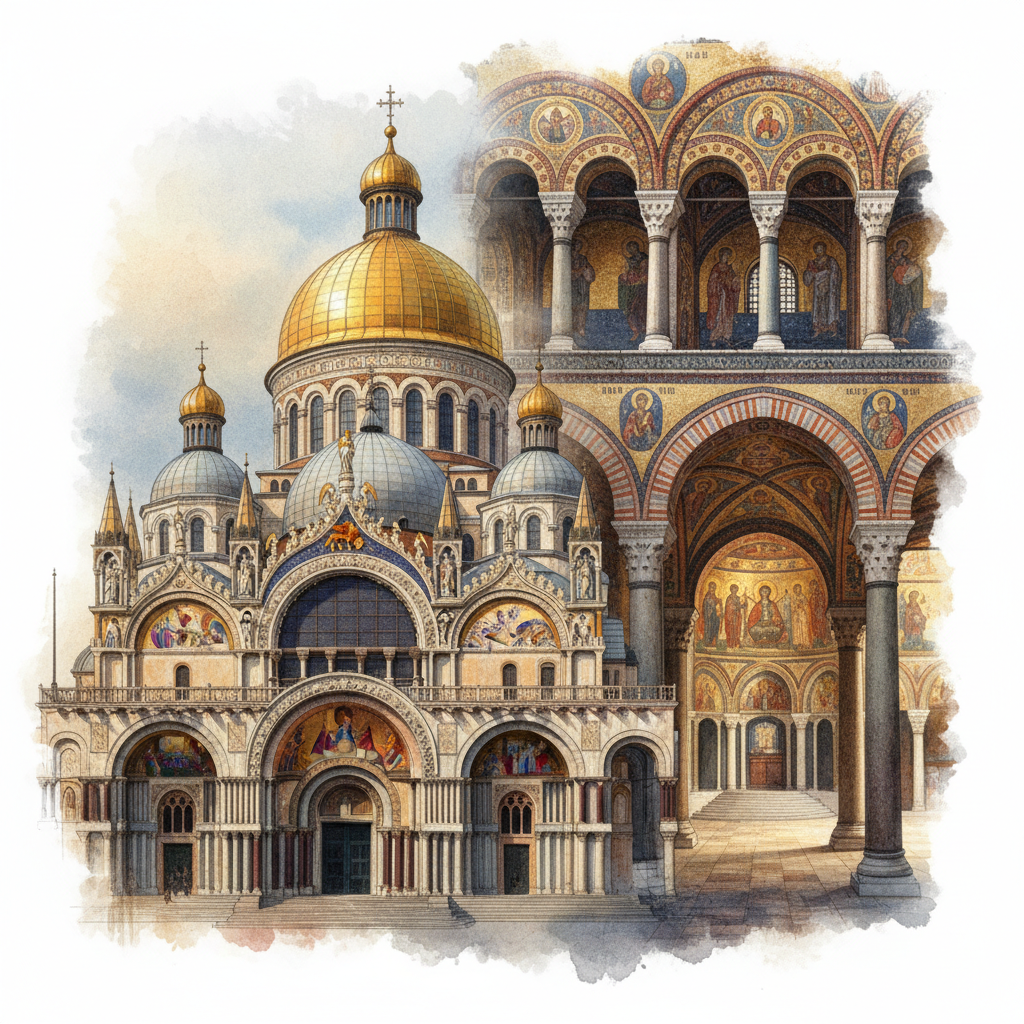 Montage of Saint Mark's Basilica in Venice and Saint Sophia in Kyiv, showing distinct Byzantine influence in domes and arches, artistic style