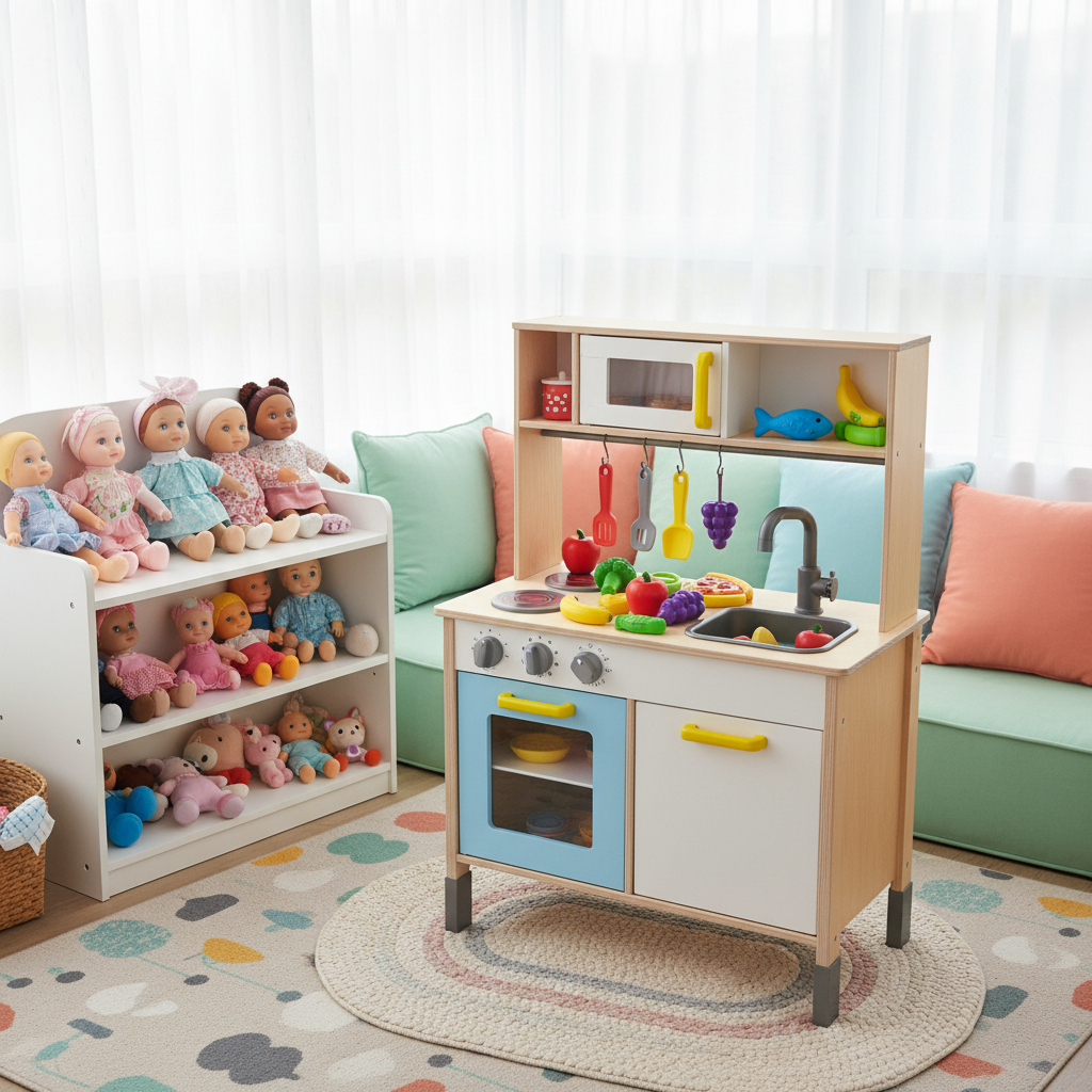 Kindergarten toy kitchen set made of wood and plastic, colorful play food, shelves with dolls, bright cozy corner