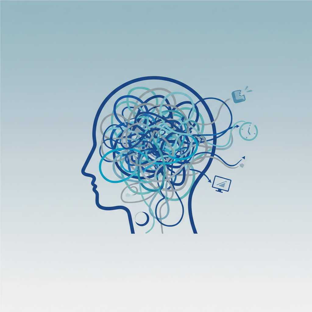 abstract illustration of head with tangled thoughts, minimalist, mental health in workplace concept, blue and soft grey tones