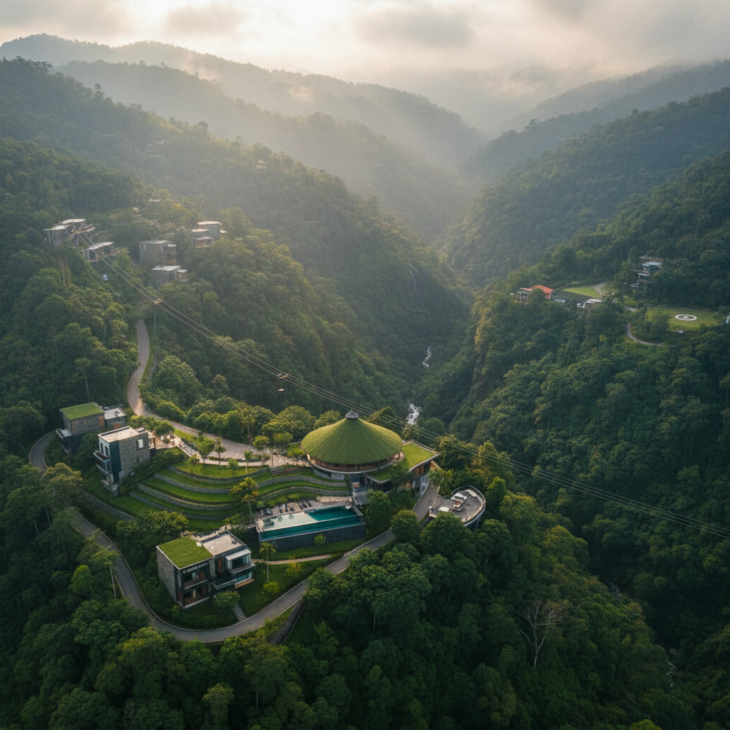aerial view of a luxury adventure resort in the Western Ghats, India, misty green mountains, dense tropical forest, winding roads, scenic landscape, soft morning light, photorealistic, 8k