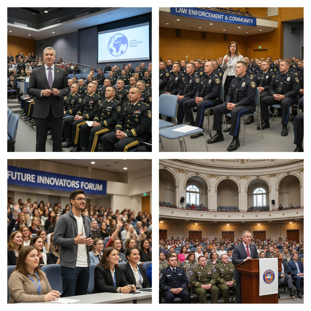 Photorealistic collage style image showing a speaker addressing uniformed military officers, police personnel, and students in large auditoriums