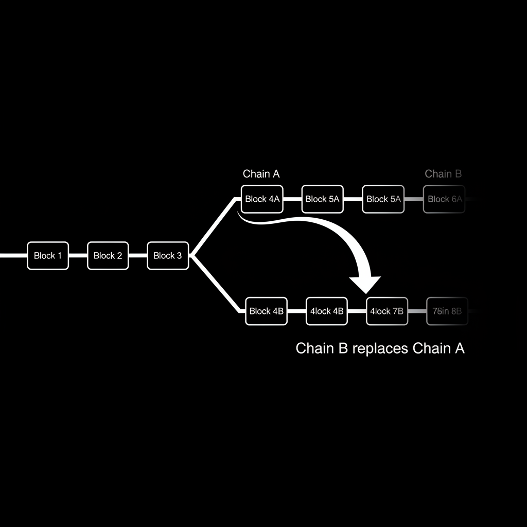 Diagram showing a blockchain fork where one chain replaces another, schematic style, white lines on dark background