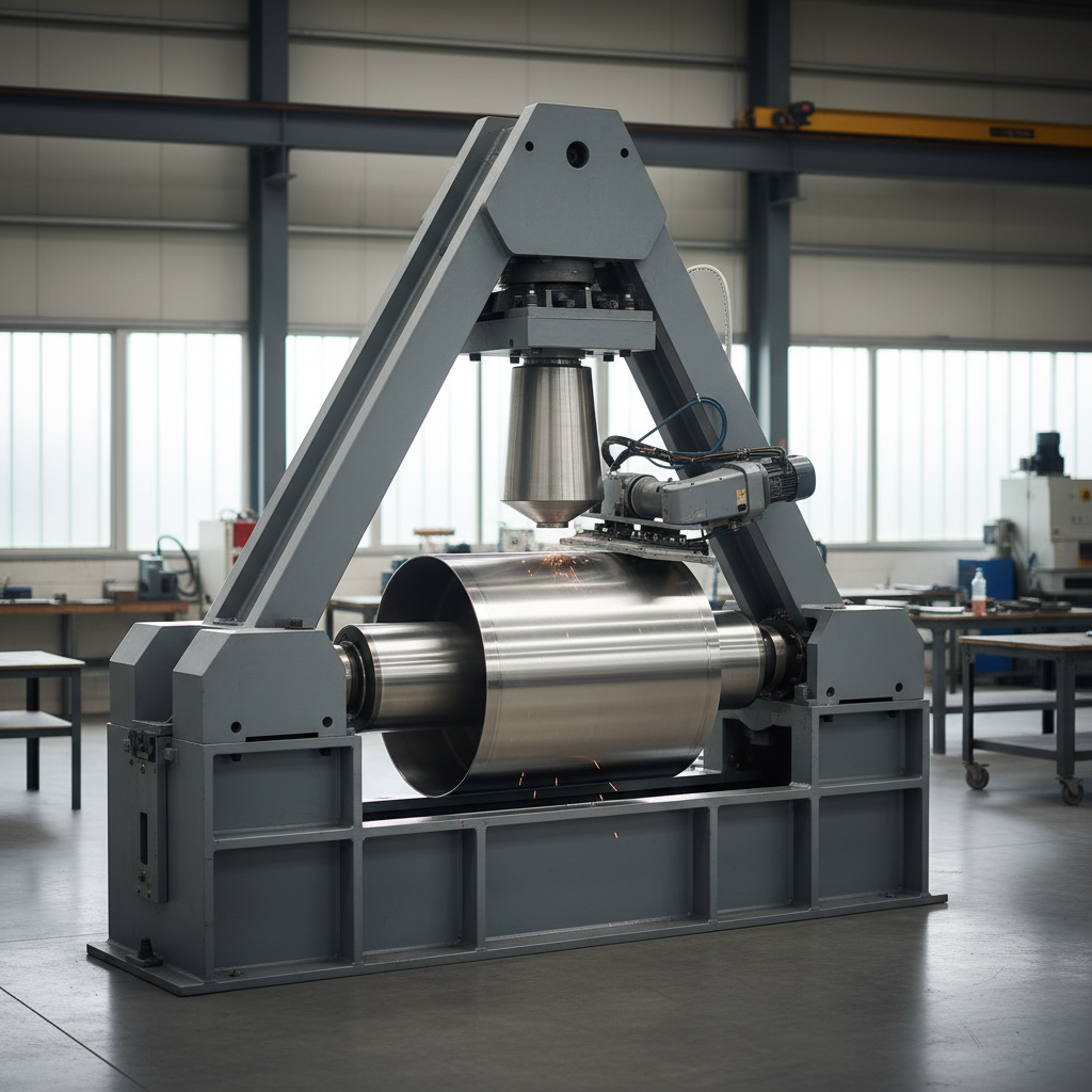 rouleuse de tôle industrielle type pyramidale avec une virole en inox en cours de formage