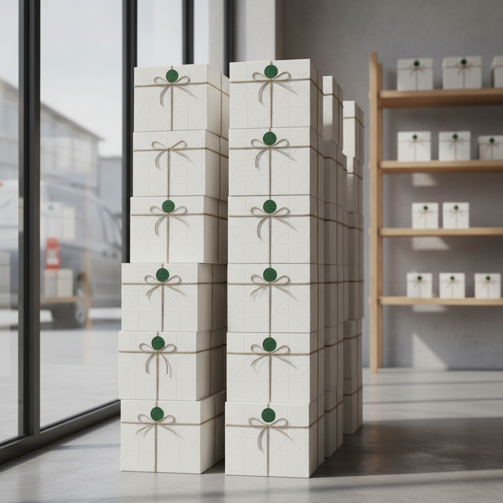 Stacks of professionally packaged bakery boxes ready for delivery, clean aesthetic