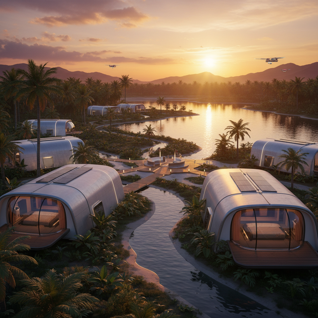 Wide panoramic view of open land near lake and tiny river, several futuristic pods side by side made of FRP and sheet metal, adventure resort jungle setting, sunset golden hour, photorealistic, 8k, architectural visualization