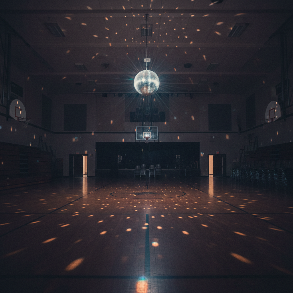 empty high school gym dance floor with disco ball, lonely atmosphere, dark shadows, cinematic photography