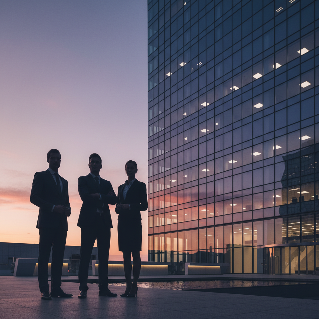 Three professional business silhouettes standing in front of a modern glass office building, confident posture, corporate photography