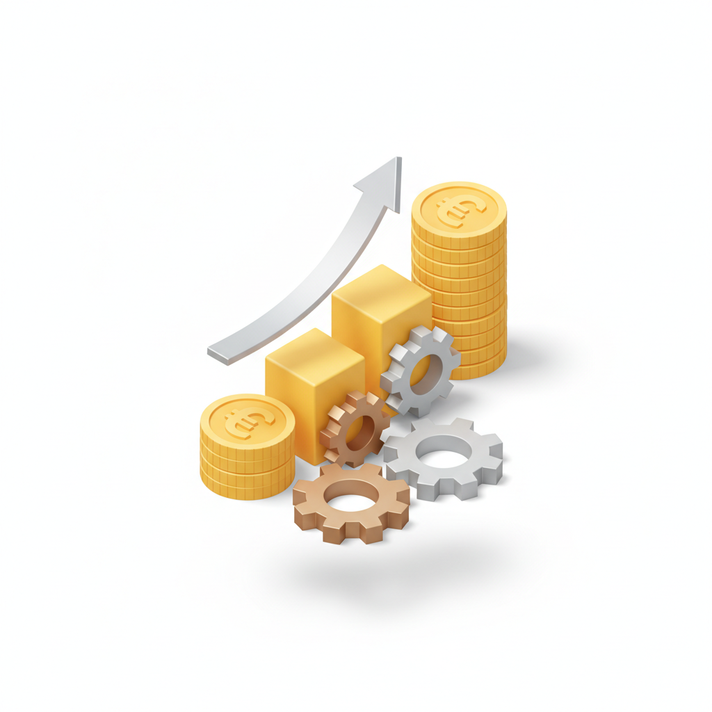 3d isometric icon of a rising coin stack graph and gears, business efficiency, clean white background