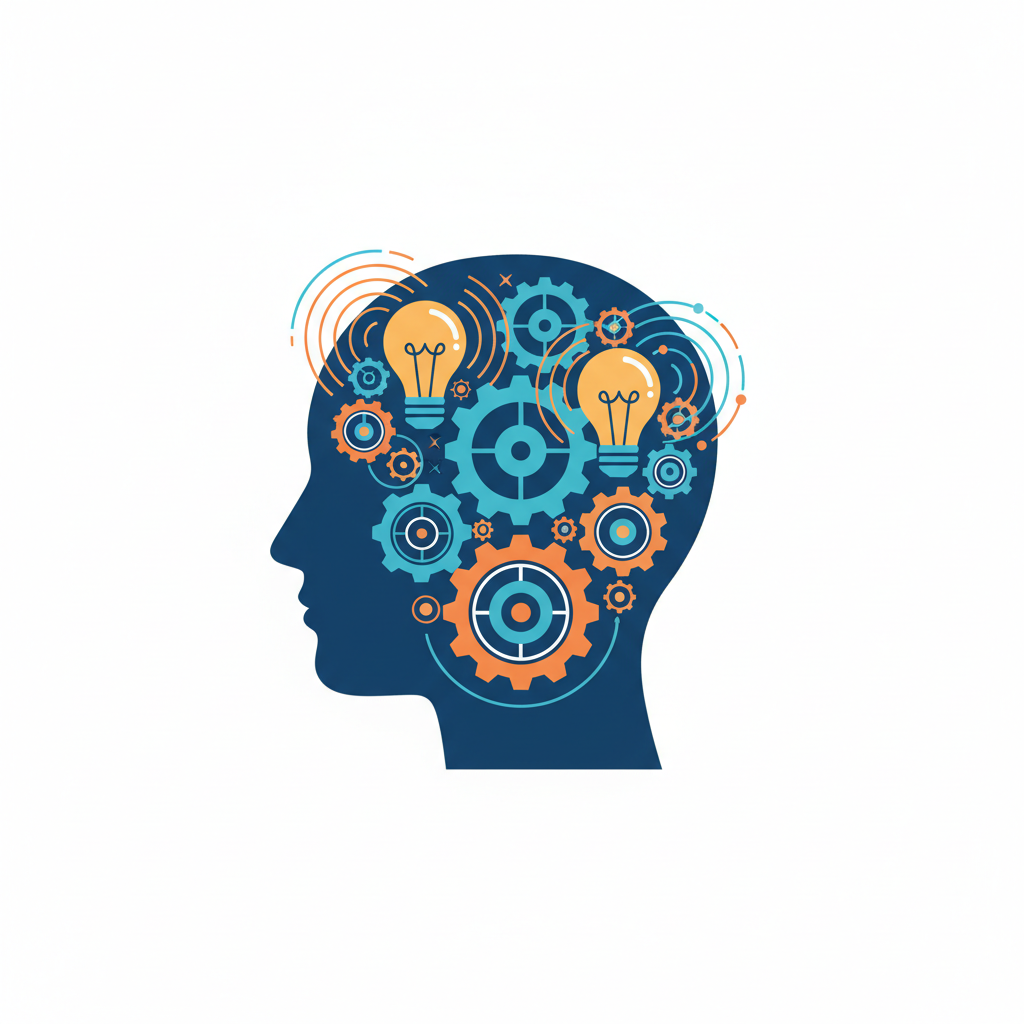An artistic illustration of a human head silhouette with colorful gears and lightbulbs inside representing a creative and active mind, clean flat design style, blue and orange color palette, white background