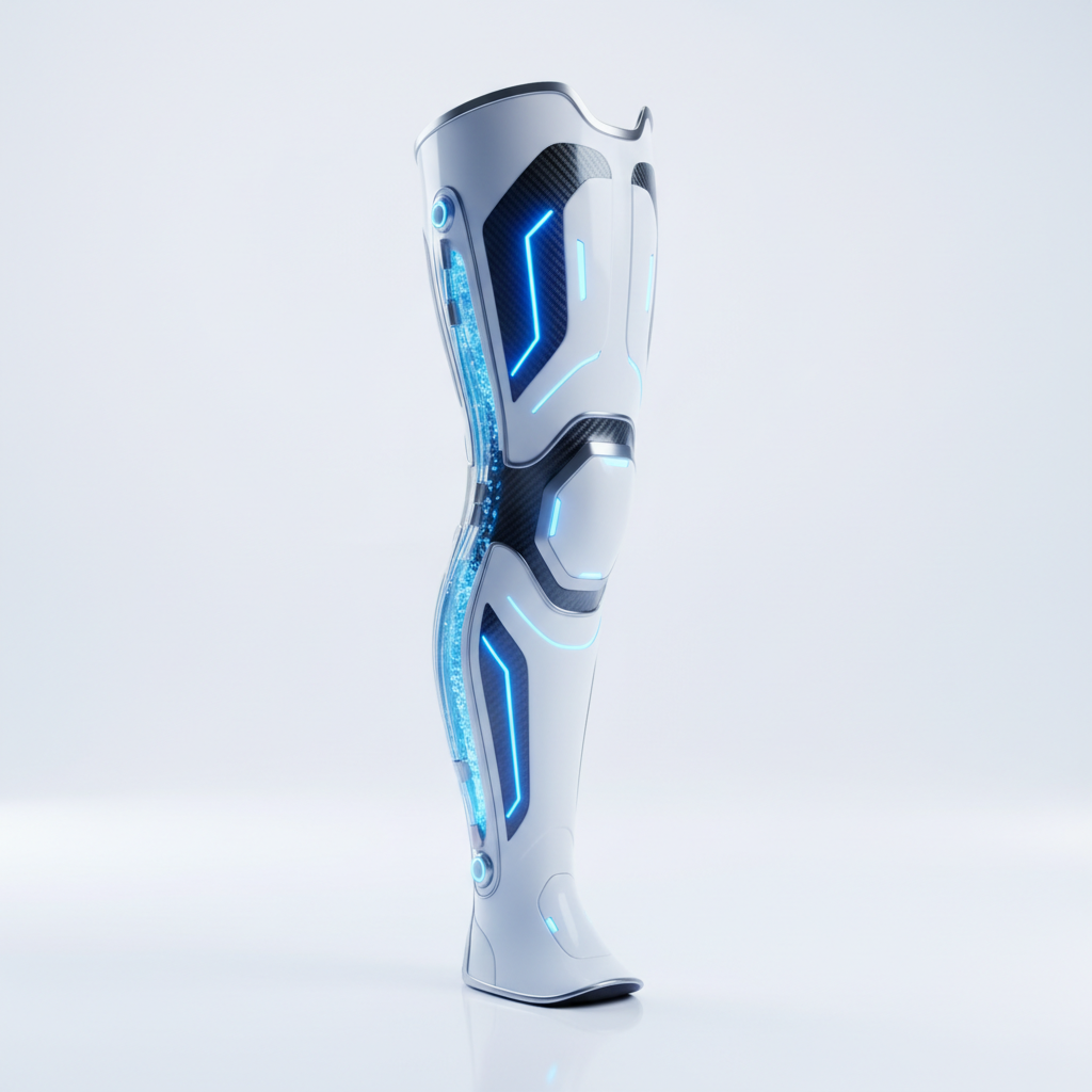 clean medical studio shot of a futuristic leg compression sleeve, high tech medical device, blue and white lighting, hyperrealistic, professional medical photography