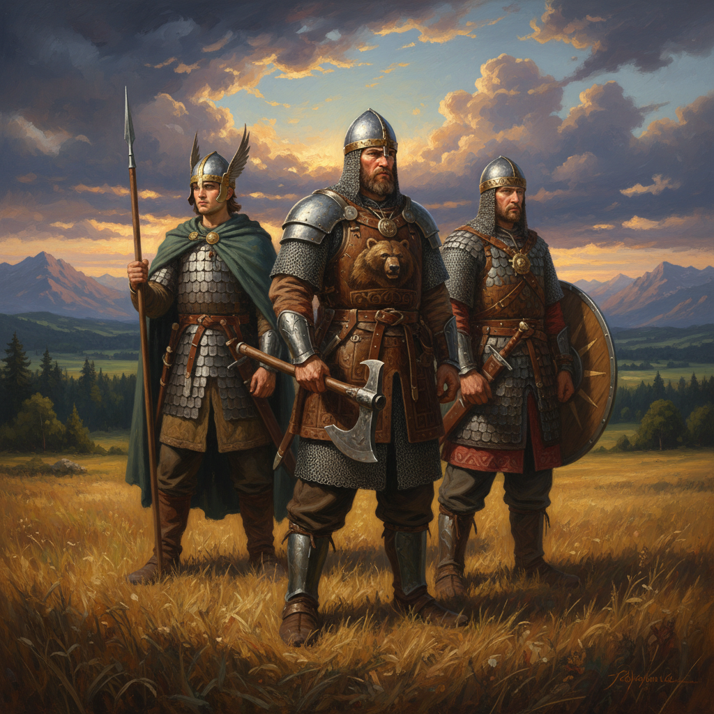 Three Slavic bogatyrs (knights) standing together in a field, looking thoughtful, wearing chainmail and helmets, epic sky, realistic painting