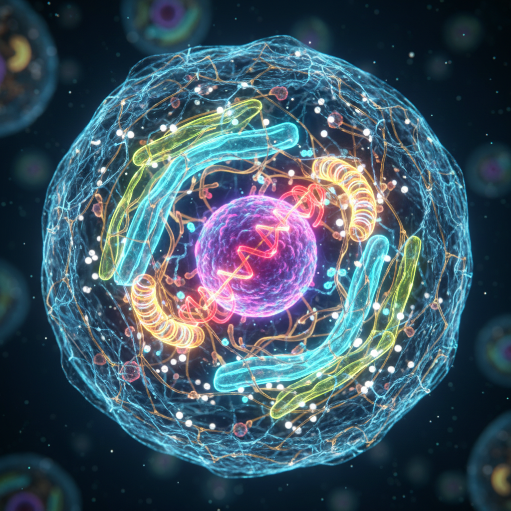 Detailed 3D render of a biological cell structure glowing with neon lights, scientific visualization, macro photography style, high definition