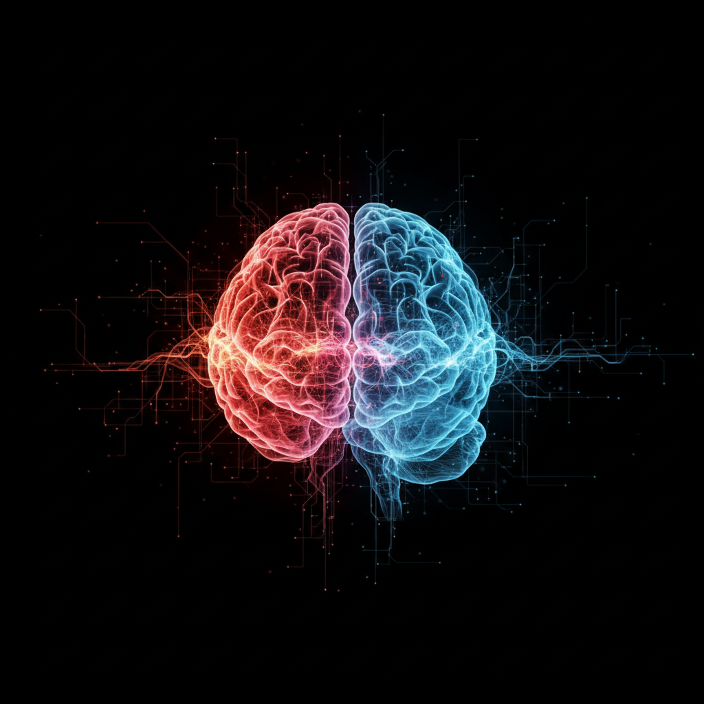 Futuristic brain interface concept, glowing neural networks shifting from red (chaos) to blue (order), dark background