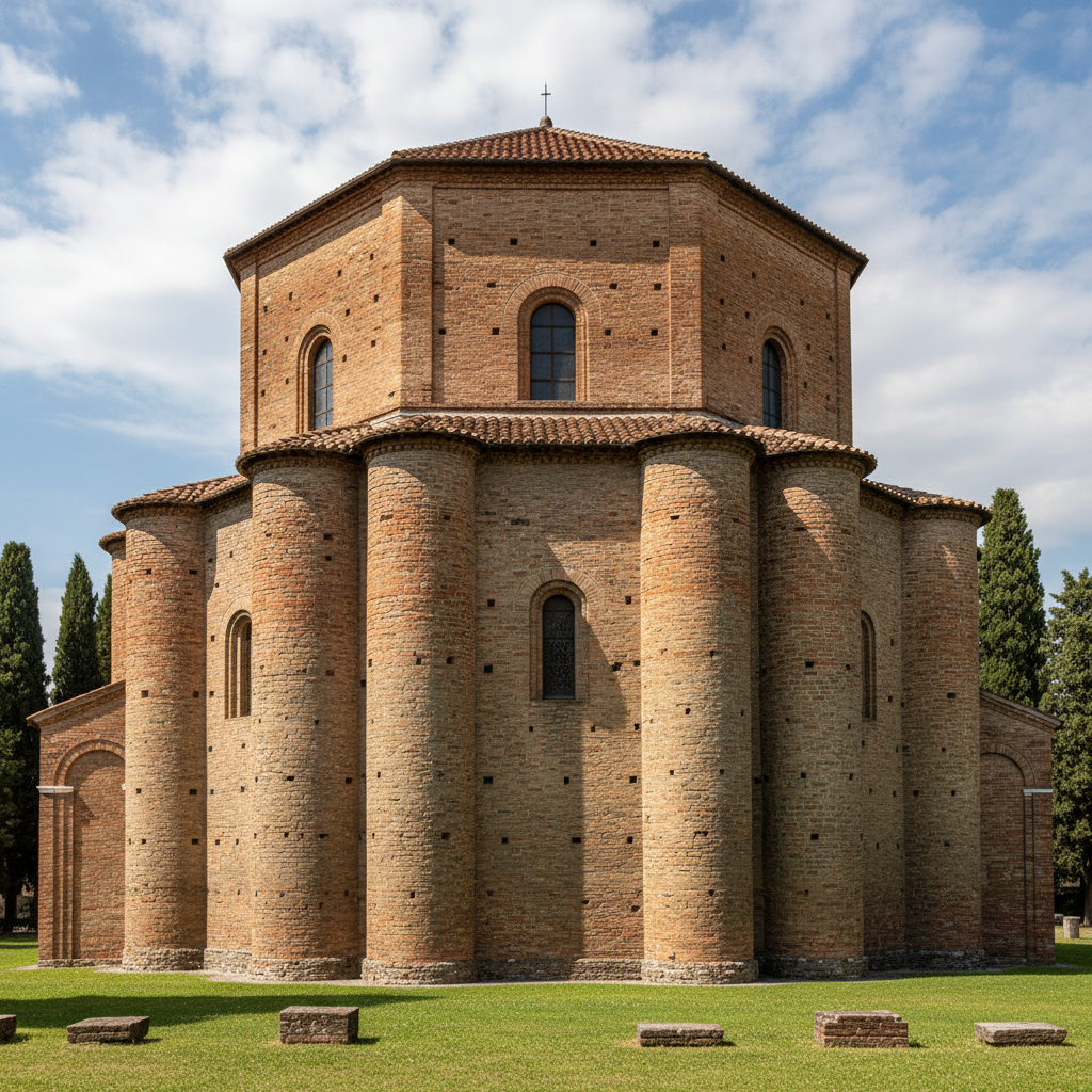 San Vitale Ravenna exterior, showing the brick octagonal structure, heavy buttresses, simple exterior contrasting with known rich interior, daylight