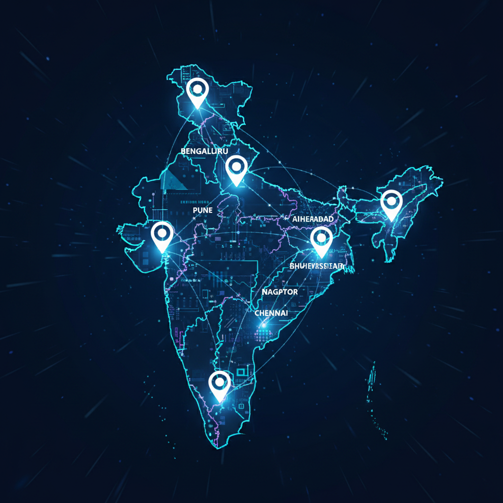 Stylized map of India with pin markers on Bengaluru, Hyderabad, Pune, Ahmedabad, Nagpur, Bhubaneswar, Chennai, connected by digital lines