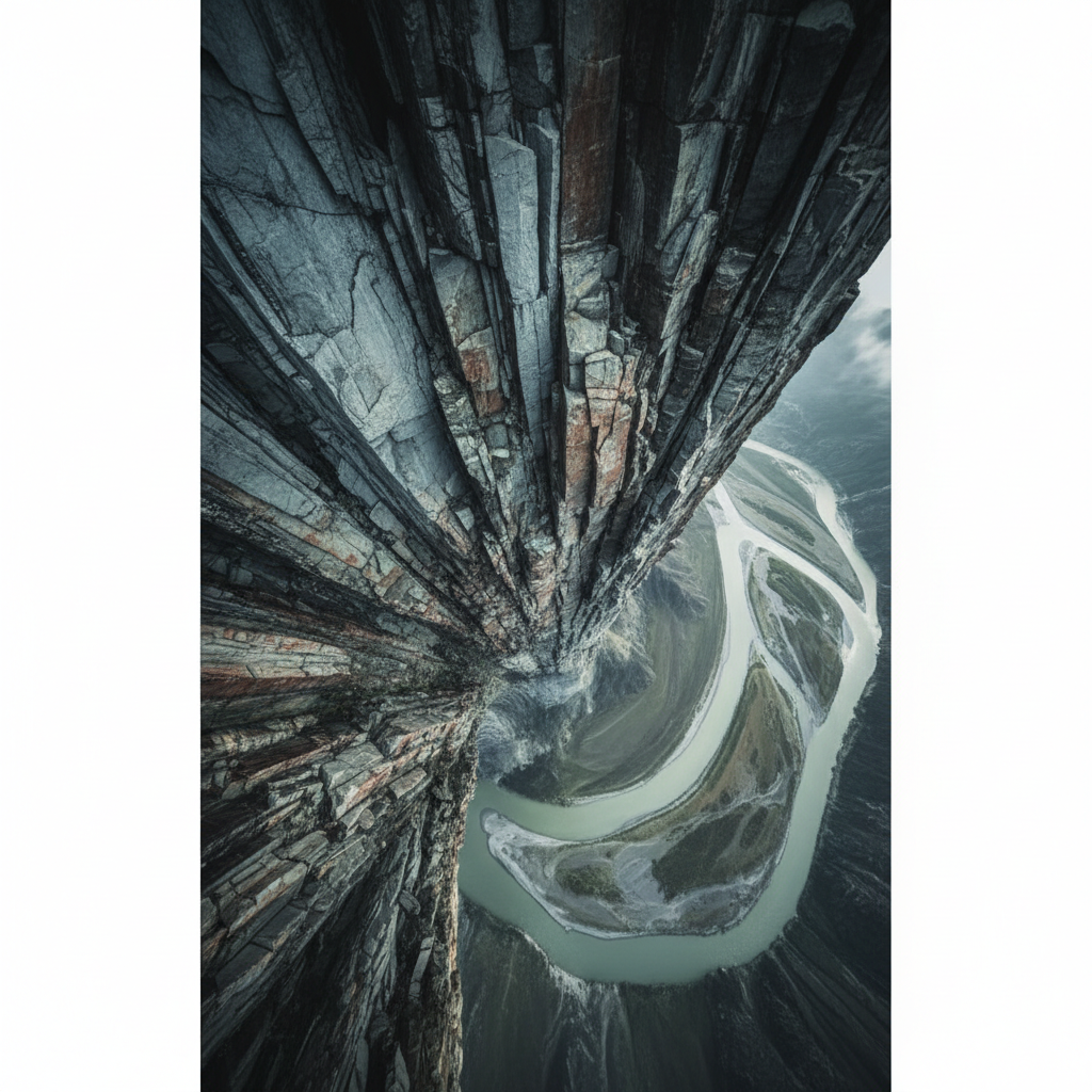 Abstract representation of dizzying heights, view looking straight down a cliff face to a river, slightly desaturated colors.