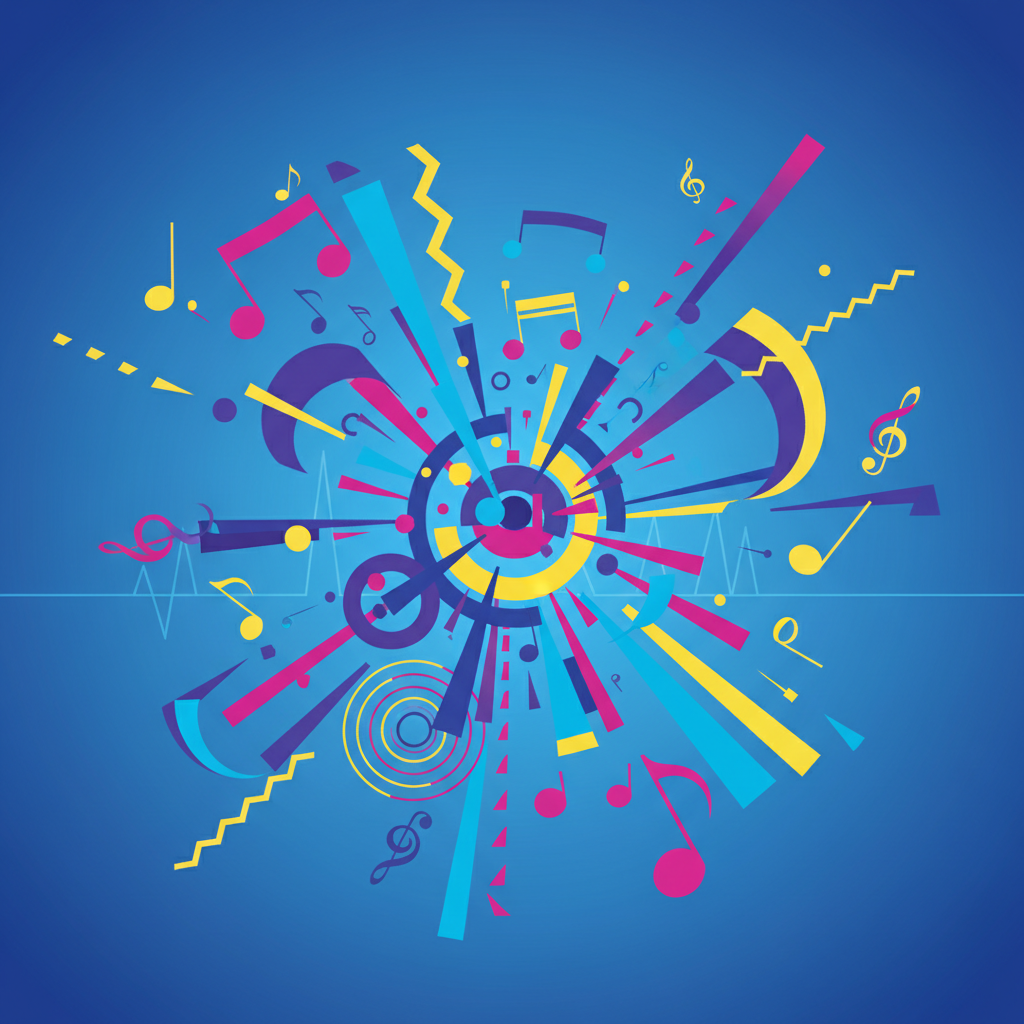 Abstract visualization of fast rhythm and music notes, kinetic shapes, clean vector art