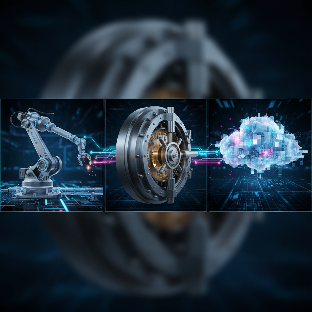 collage of industry icons, factory arm, bank vault, and digital cloud, interconnected by secure glowing lines, high tech style