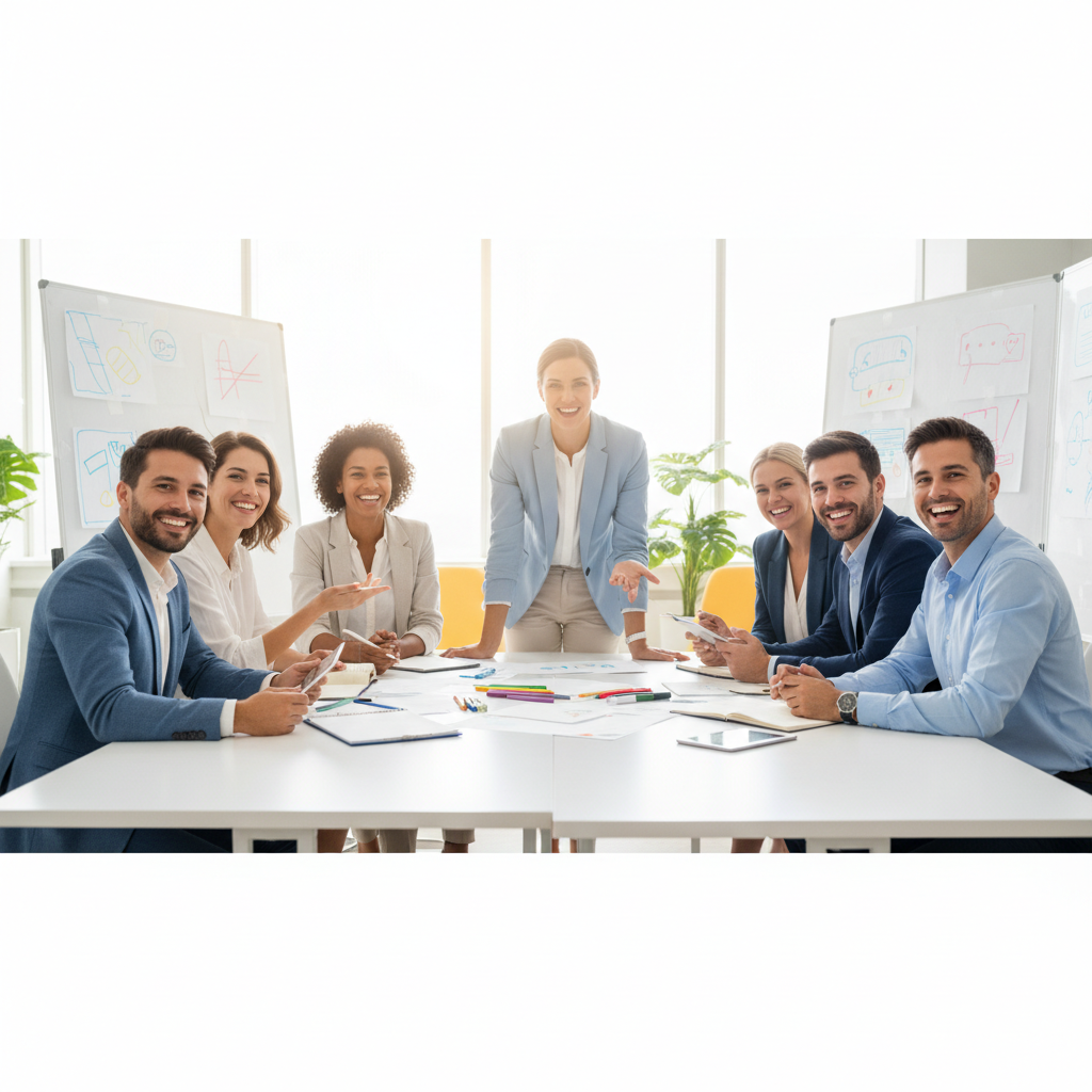 A bright, energetic corporate team brainstorming around a table, smiling, engaged, showing a positive workplace culture, high key photography