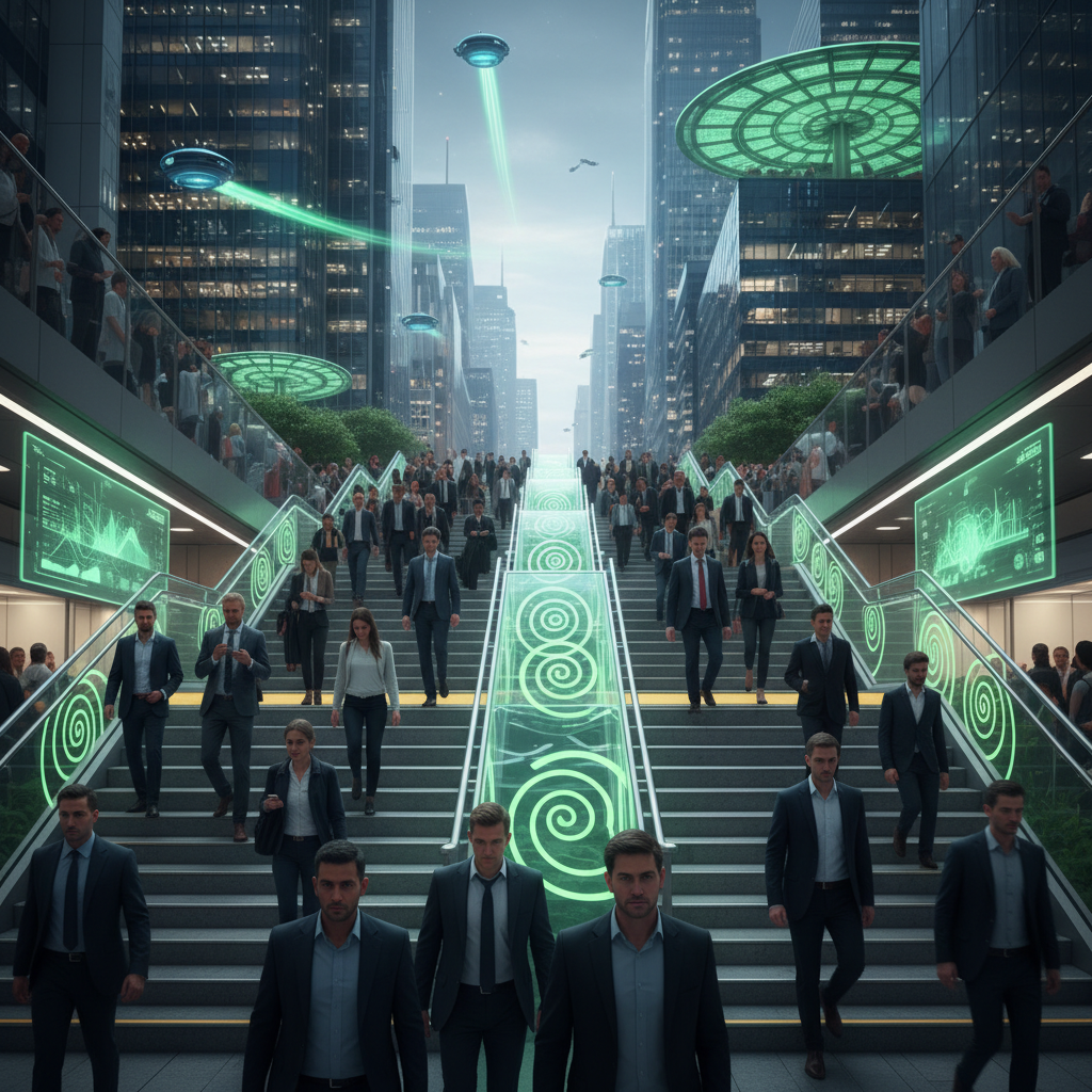 Crowded public staircase in a modern city with futuristic green energy lighting accents, photorealistic style
