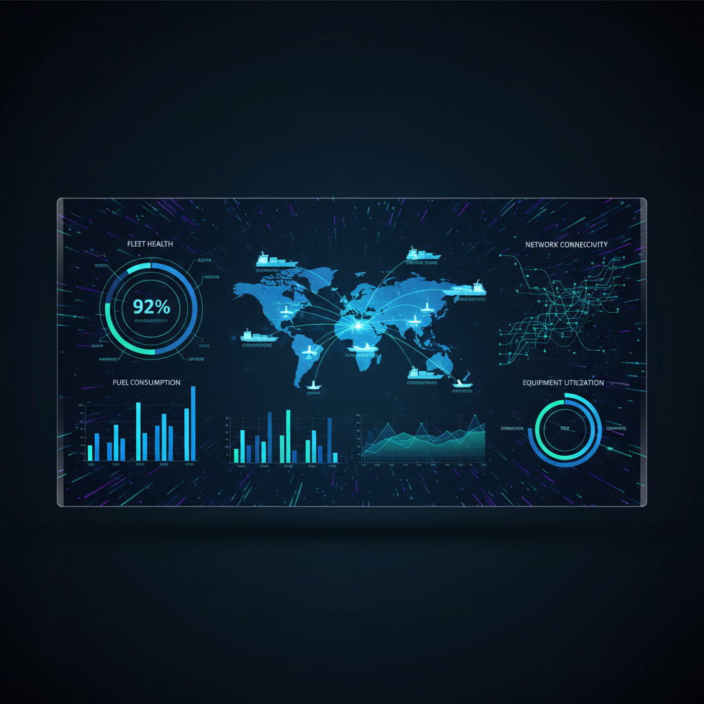 Modern digital monitoring dashboard screen displaying status of transport equipment, dark theme ui, data visualization, network connection graphs