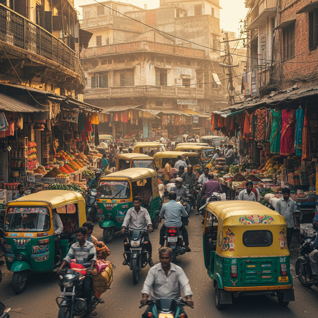 A bustling street scene in a Tier-2 Indian city, featuring yellow auto rickshaws and motorbikes, vibrant colors, authentic market background, realistic photography style