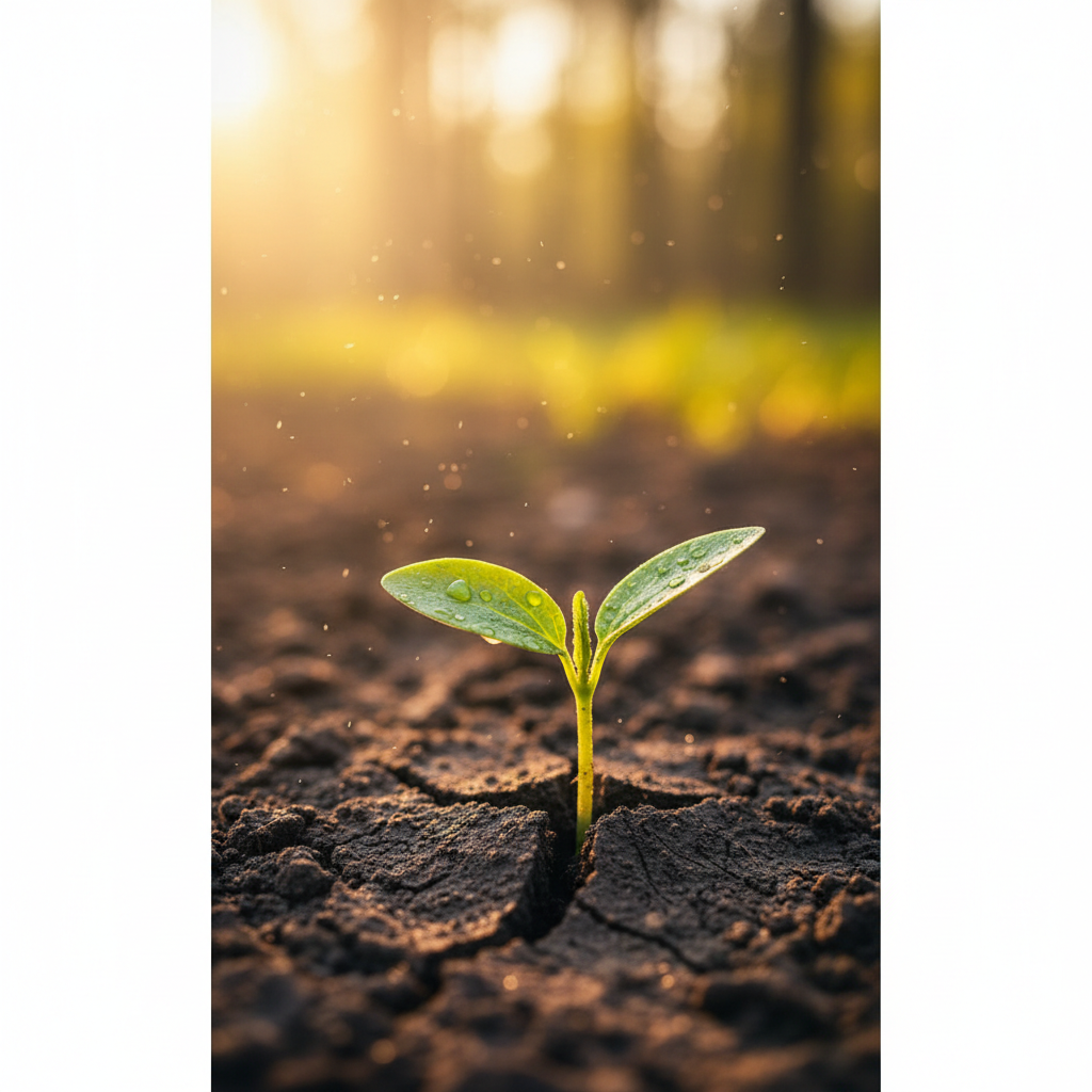 a small green plant sprouting resiliently through soil in soft morning light, hope, growth, nature metaphor