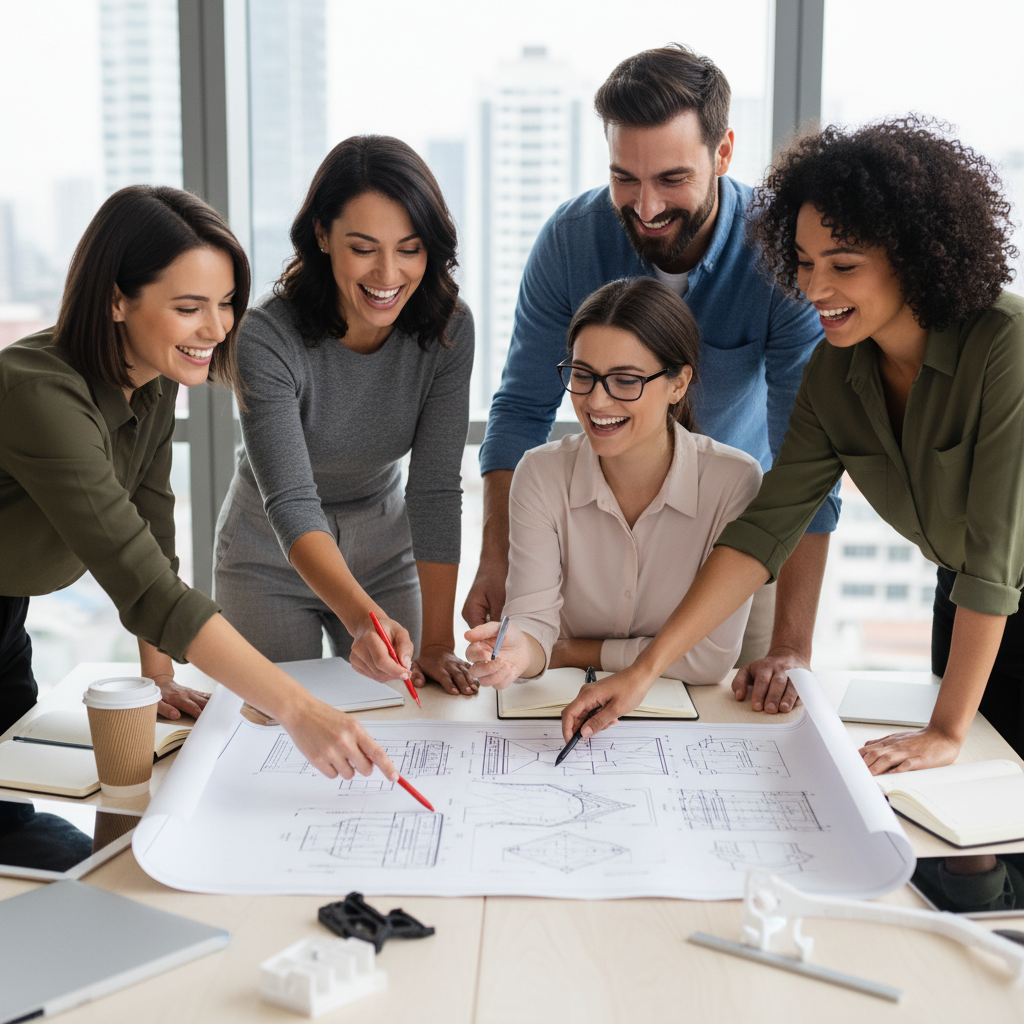 group of diverse employees smiling and collaborating over a product blueprint, symbolizing team involvement and quality