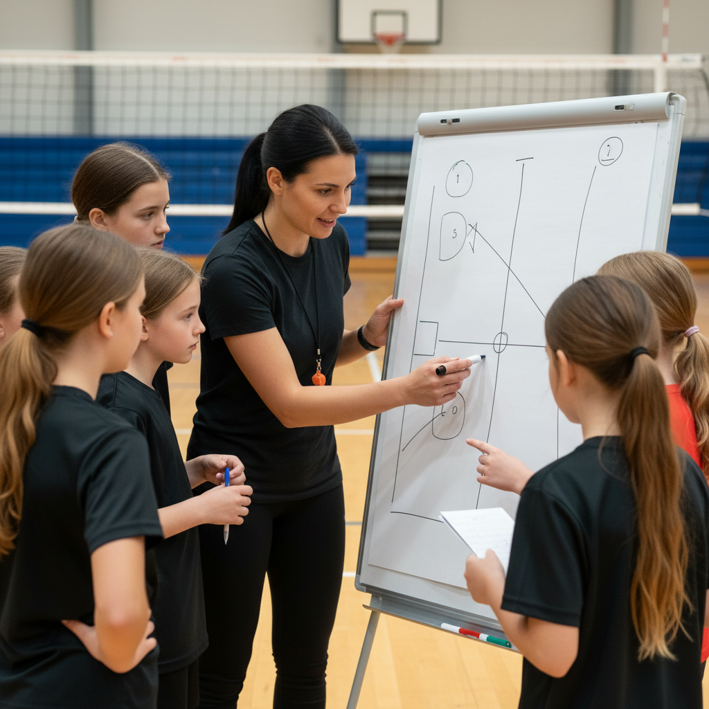 Coach explaining tactics on a whiteboard to young volleyball players in a gym, focus on teaching and mentorship