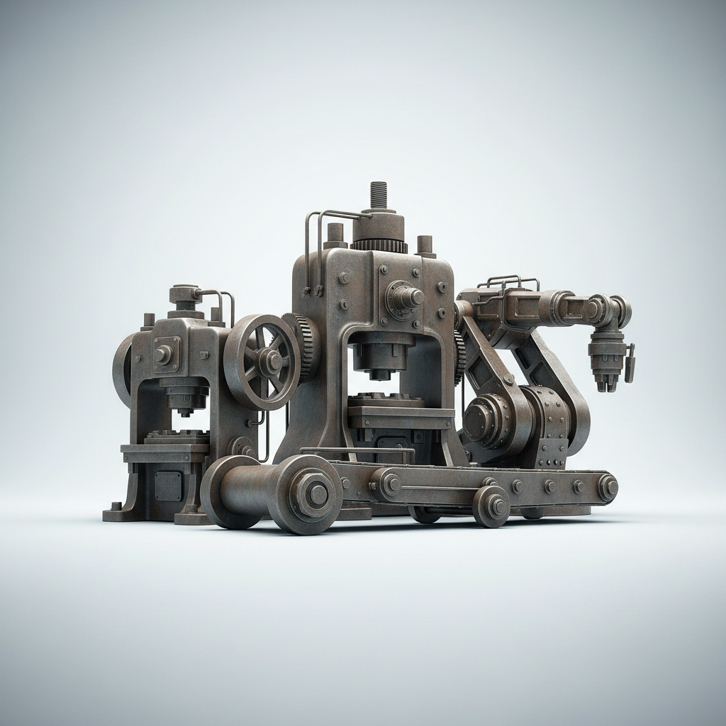 Conceptual image of traditional slow industrial machinery, bulky, metallic, slightly outdated, contrasted against a clean minimalist background, business presentation style