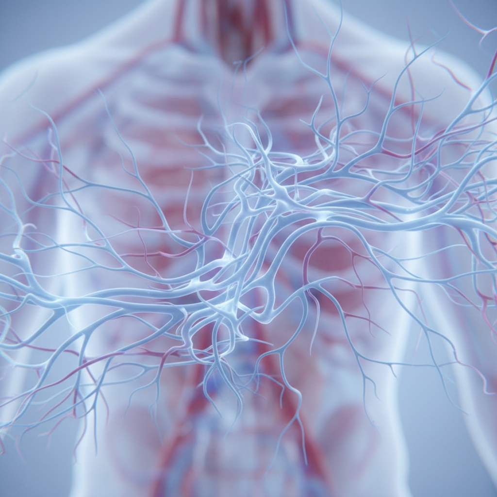 Abstract network illustration representing blood circulation, interconnected biological paths, light blue and subtle red accents, soft focus medical background