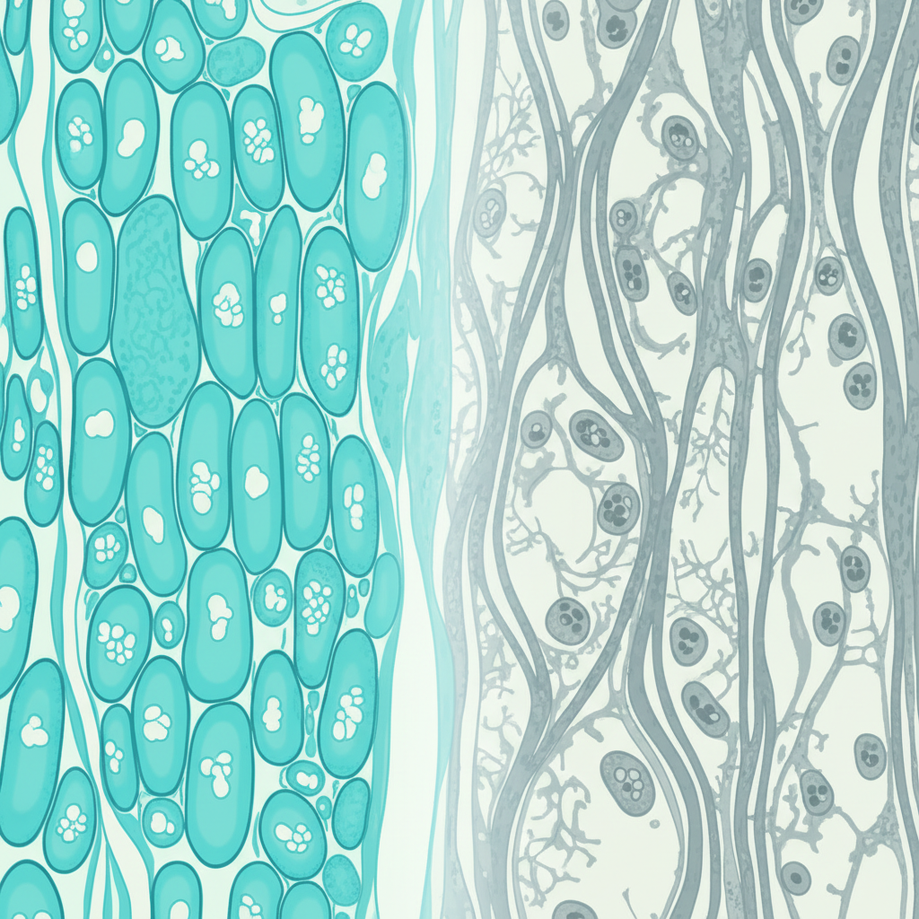 Medical diagnostic concept, split screen showing healthy muscle tissue versus atrophied tissue under microscope, abstract representation, clean teal and white clinical style