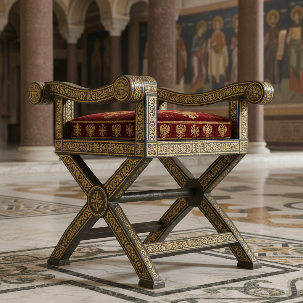 Ancient byzantine X-frame folding chair, curule seat, metal with gold inlay, red cushion on top, historical reconstruction style