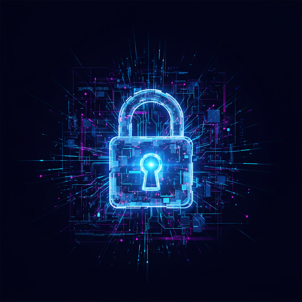 A digital padlock glowing in a cybernetic network, symbolizing data protection, dark background with neon blue accents