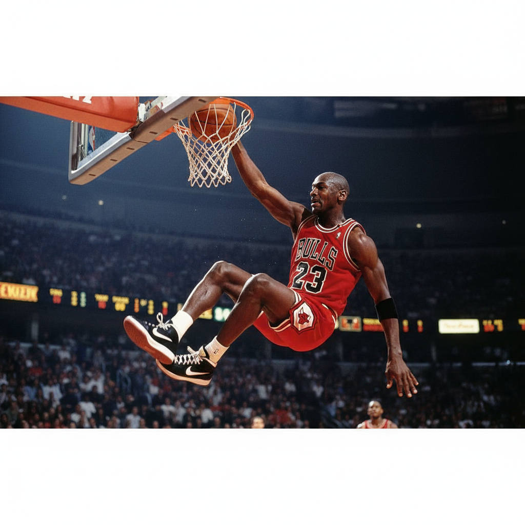 Michael Jordan mid-air performing an iconic dunk, Chicago Bulls red uniform, 1990s aesthetic, intense energy, spotlight