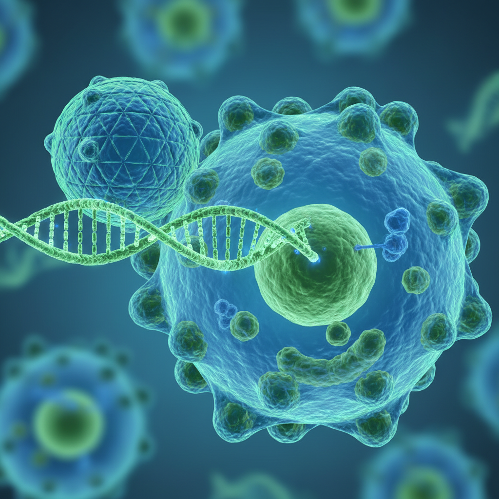 Microscopic view of an adeno-associated virus vector delivering DNA into a human cell, medical illustration, 3d render, blue and green tones