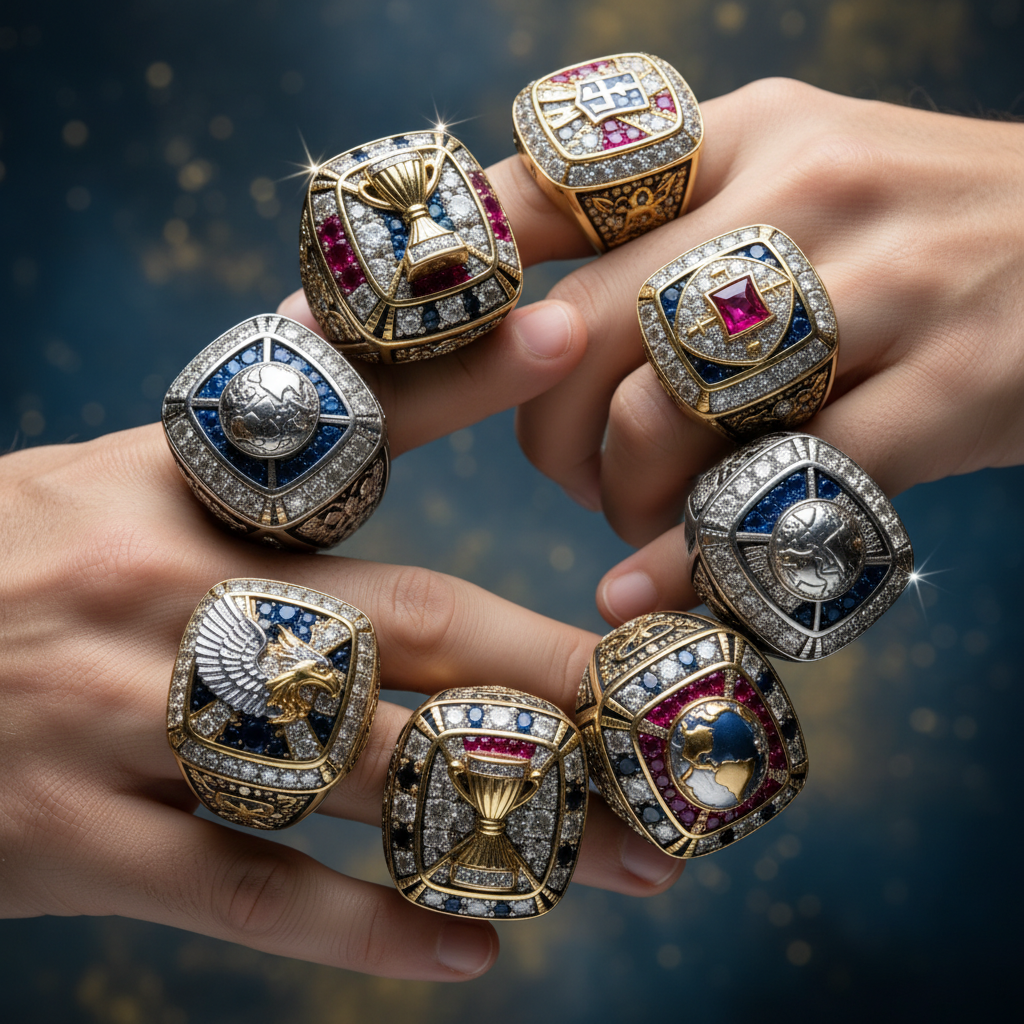 Close up creative shot of six championship rings on fingers