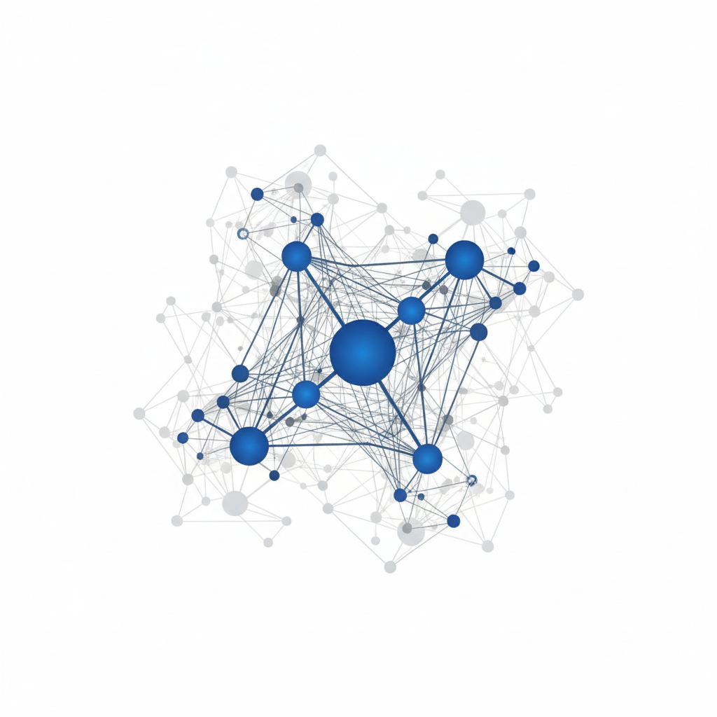 Abstract network graph with specific dominant nodes highlighted in blue and connected nodes in grey, white background, scientific illustration
