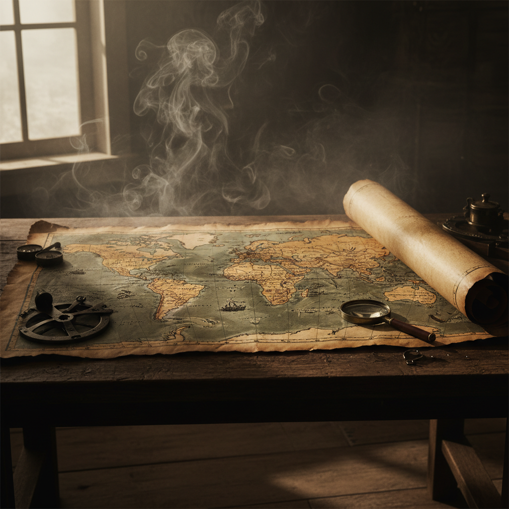 Cinematic view of a vintage world map from the 1940s engulfed in shadows and smoke, somber historical atmosphere, highly detailed, sepia tones