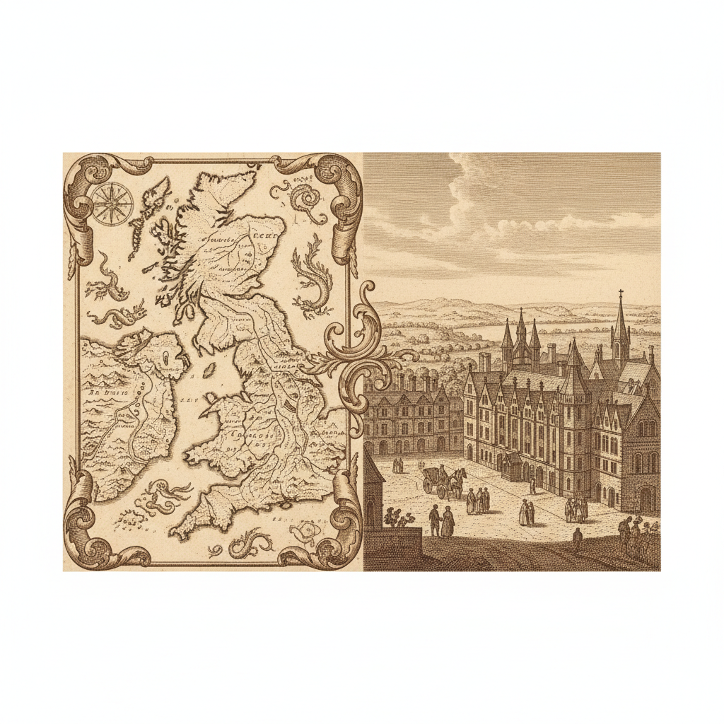 Old map of Scotland and a view of the University of Glasgow in the 18th century, vintage engraving style, sepia tones