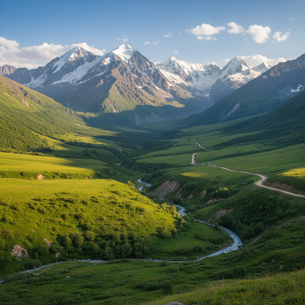 Stunning landscape of Altai Mountains in Russia during summer, green valleys and snowy peaks, photography
