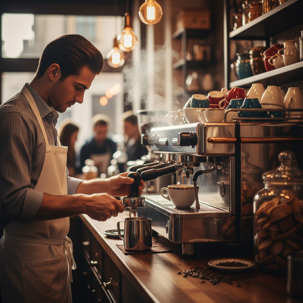 Classic Italian espresso bar scene, close up of barista making coffee on a shiny machine, ceramic cup on counter, warm inviting atmosphere