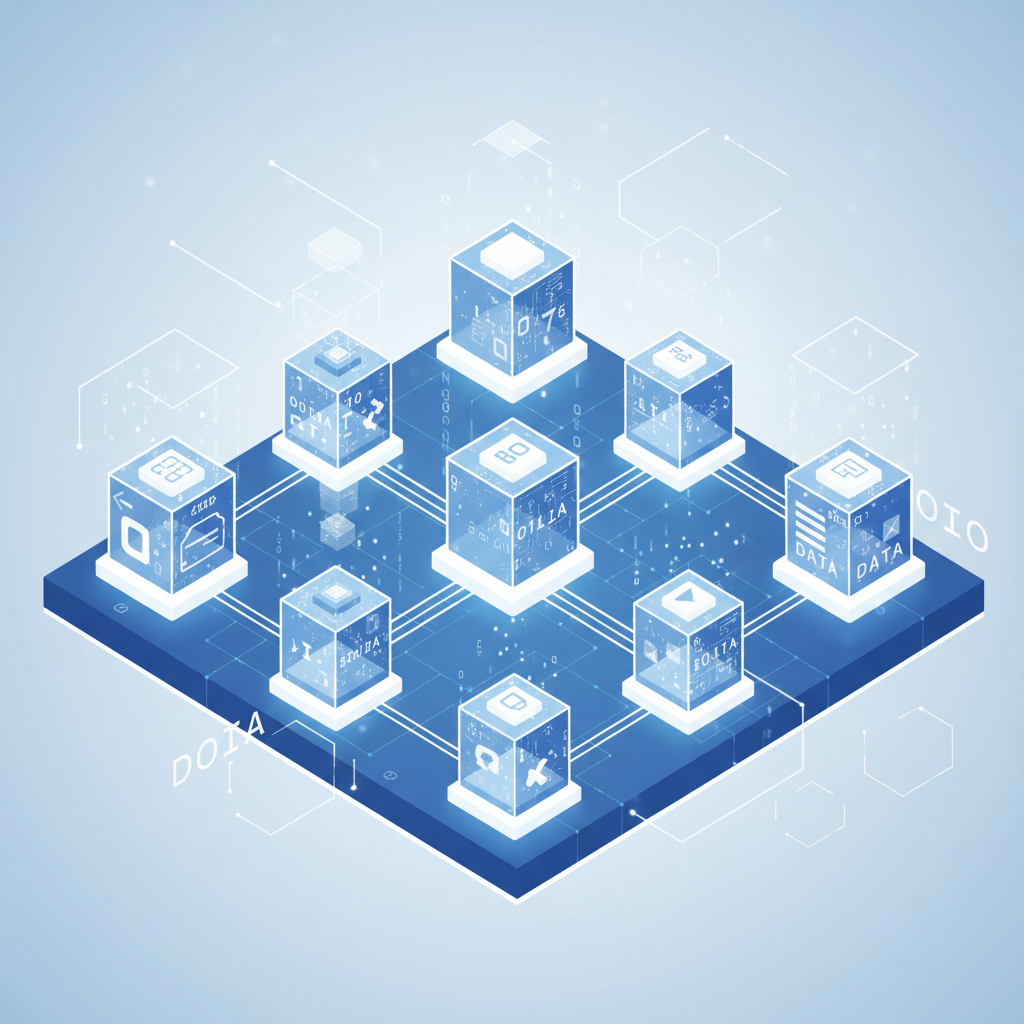Abstract representation of blockchain data blocks, blue and white isometric style, clean technology background
