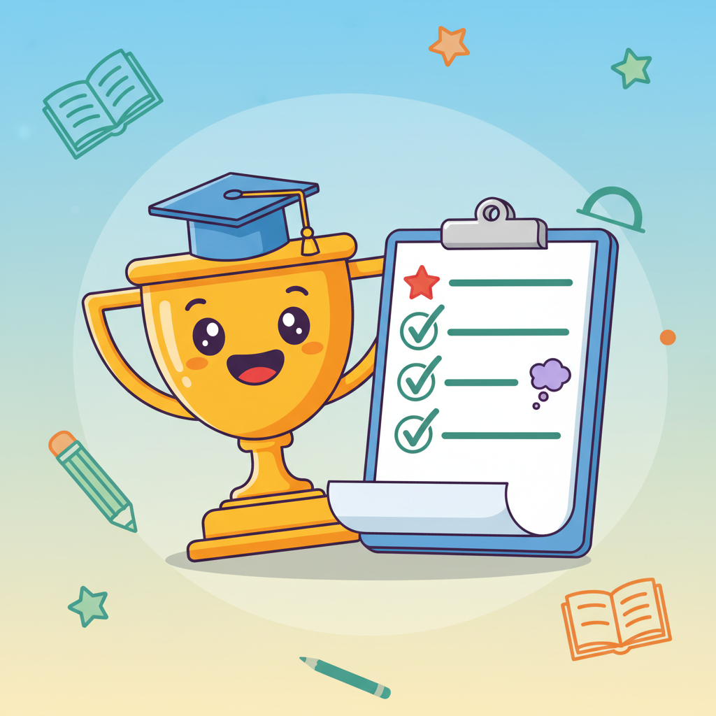 A cute cartoon trophy cup and a checkmark list on a clipboard, bright educational style