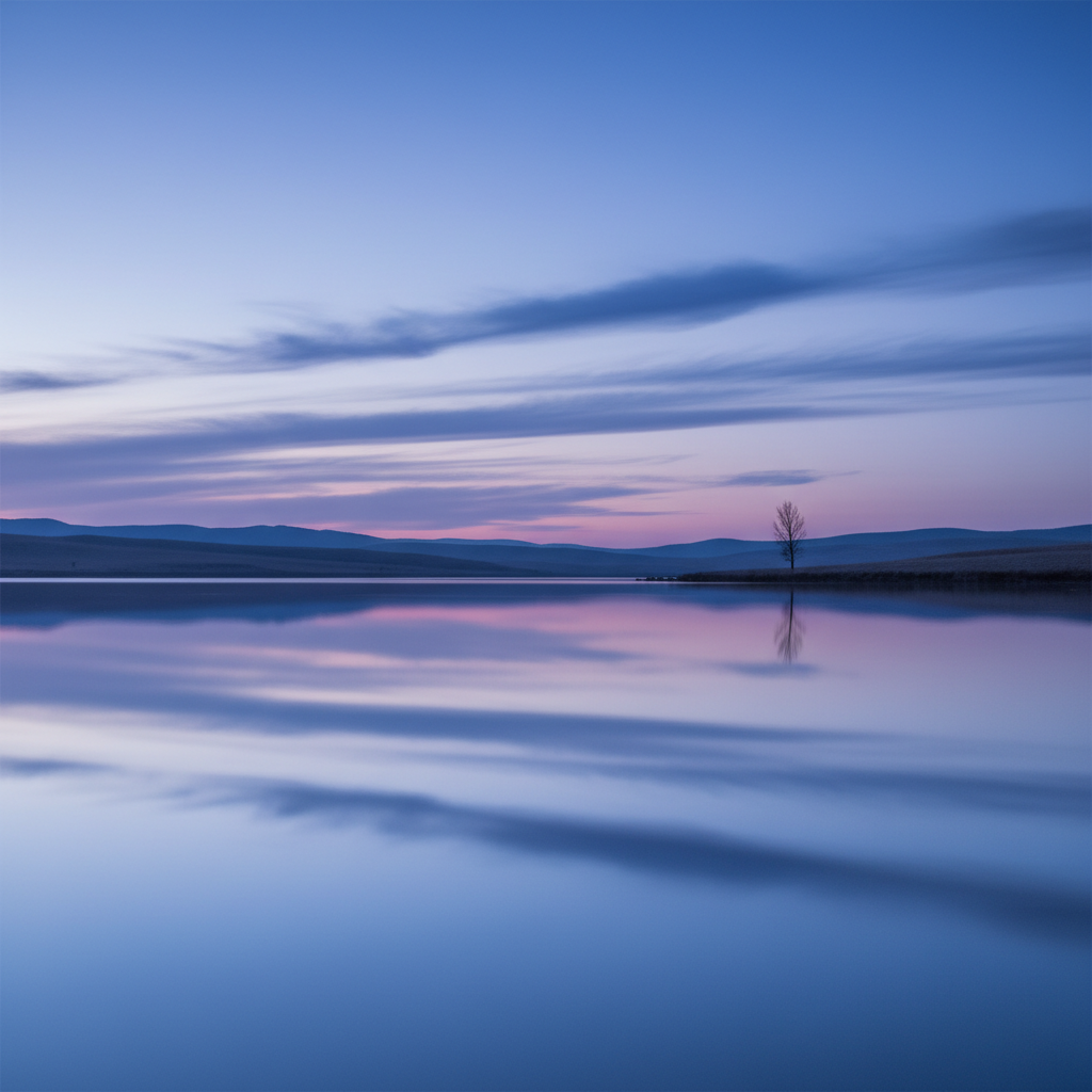 Serene landscape with a calm lake reflecting the sky at dawn, minimalist, blue and purple hues, high quality, photorealistic