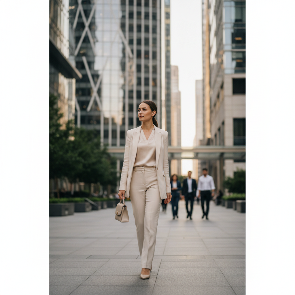 Stylish professional woman walking in a modern city business district, wearing elegant minimalist blazer, confident look, photorealistic