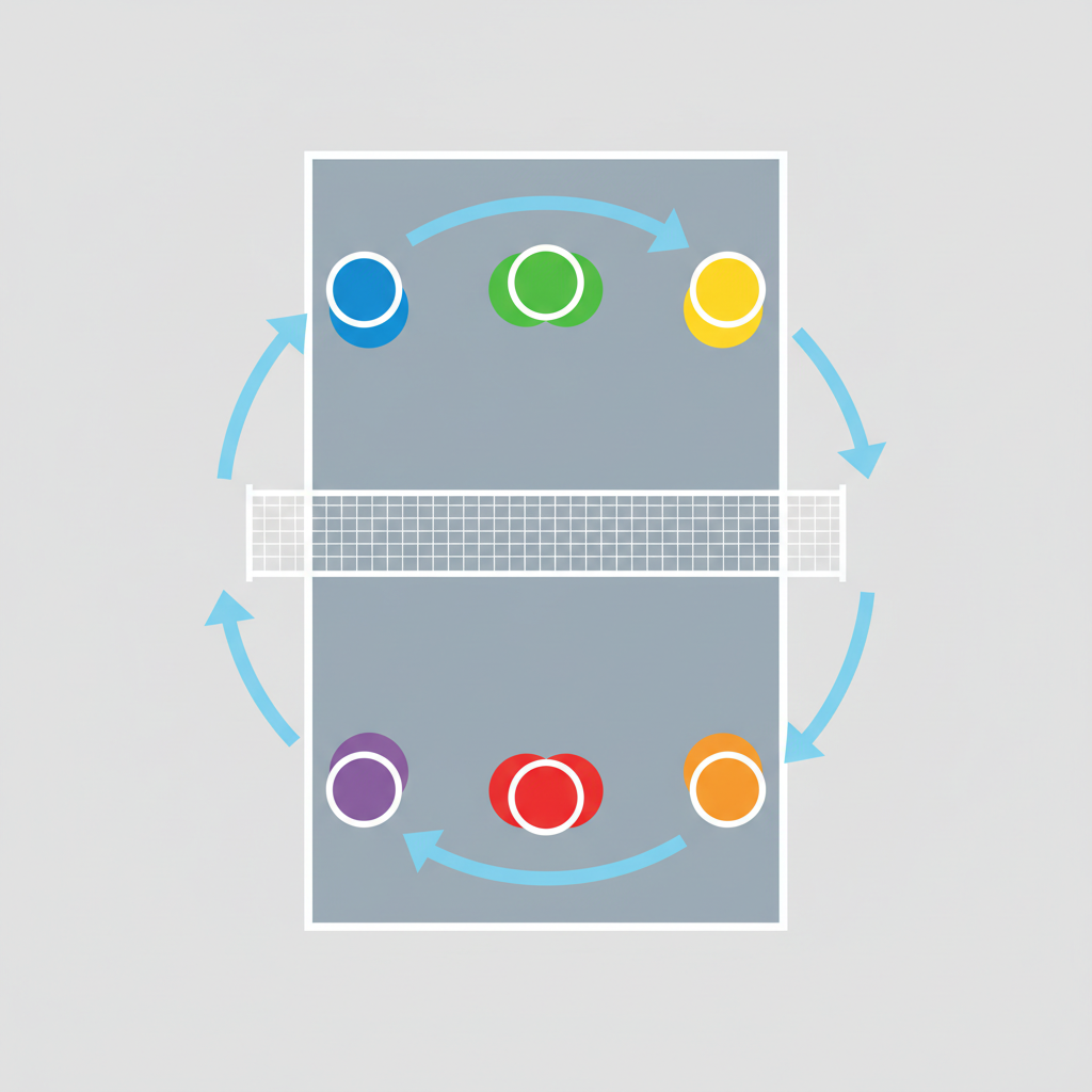 Diagram style illustration of volleyball court player positions, schematic, clean vector style, depicting rotation rule